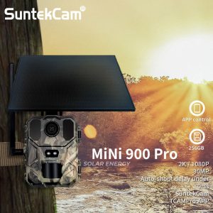 Suntekcam Solar 4G Hunting Trail Camera 2K 30MP with Live Streaming Cloud FTP SMTP Use 318650 Rechargeable Battery MiNi900Pro