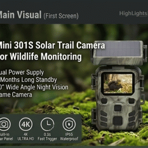 Mini 301S Solar Trail Camera 50MP 4K 30fps Wildlife Camera with 0.3s Trigger Speed, 60° Detection Range, IP65 Waterproof Hunting Camera, 2.0" LCD, Support 256GB Micro SD Card, 6 Months Standby Time for Wildlife Monitoring Deer Scouting